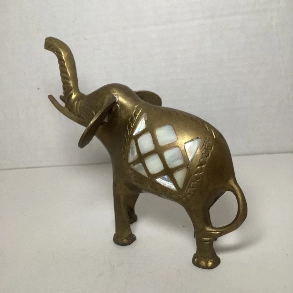 Vintage Brass Elephant Figurine Mother of Pearl Inlay Trunk Up Good Luck Decor